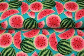 Fruit stoffen - Tricot stof - digitaal meloenen - turquoise - 21241-99