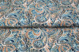 Beige stoffen - Tricot stof - digitaal paisley - blauw beige - 21937-15