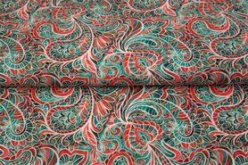 Turquoise stoffen - Tricot stof - digitaal paisley - rood turquoise - 21937-11