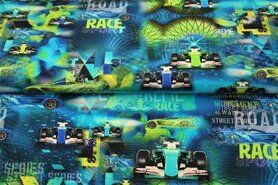 Voertuigen motief stoffen - Tricot stof - digitaal raceauto - blauw groen - 21092