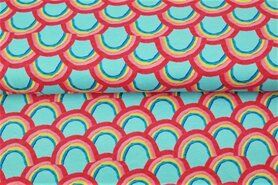 Zomer stoffen - Tricot stof - digitaal regenboog - turquoise - 21298-09
