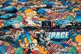 Stenzo stoffen uitverkoop - Tricot stof - digitaal space raket - blauw multi - 21084