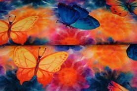 Bruinoranje stoffen - Tricot stof - digitaal bloemen en vlinders - oranje - 21911-13