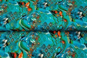 Fantasie stoffen - Tricot stof - digitaal fantasieprint vissen - turquoise - 21049