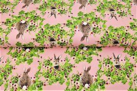 Kinderprint stoffen - Tricot stof - digitaal konijntjes - roze - 21224-12