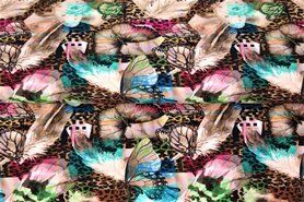 Dierenprint stoffen - Tricot stof - digitaal panterprint vlinders - multi - 21932