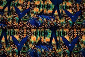 Dierenmotief stoffen - Tricot stof - digitaal dierenprint vogels - oranje blauw - 21927