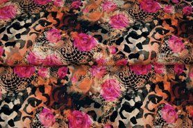 Roze tricot stoffen - Tricot stof - digitaal fantasieprint bloemen dierenprint - roze - 21923-12
