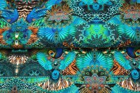 Turquoise stoffen - Tricot stof - viscose digitaal fantasieprint veren - turquoise - 21004-09VI