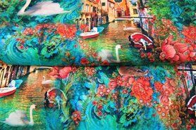 Turquoise stoffen - Tricot stof - viscose digitaal fantasie bloemen zwaan - turquoise - 21019VI
