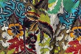 Bladeren motief - Tricot stof - scuba bloemen en bladeren - turquoise oranje lime - B11