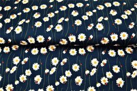 Rekbare stoffen - Tricot stof - digitaal bloemen lieveheersbeestjes - donkerblauw - 21296-15