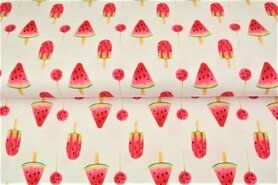 215gr/M² - Tricot stof - digitaal meloen ijsjes - gebroken wit - 21242-02