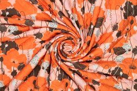 Doorgestikte stof - Doorgestikte stof - bloemen mies en moos - oranje roze - 417044-20