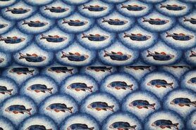 Uitverkoop - Tricot stof - digitaal visjes - blauw - 21233