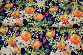 215gr/M² - Tricot stof - digitaal mandarijnen bloemen - donkerblauw - 21906-15