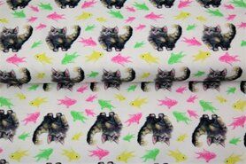 Nieuwe stoffen - Tricot stof - digitaal katjes en vissen - wit multi - 21235-02