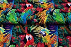 Multi kleur stoffen - Tricot stof - digitaal papegaaien - zwart multi - 21963-20