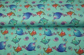 Tricot stoffen - Tricot stof - digitaal fantasie unicorn vis - turquoise - 21238-99