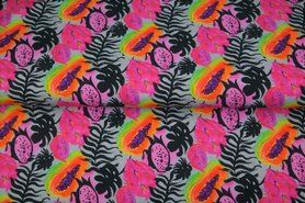 Stenzo stoffen - Tricot stof - digitaal fantasie bladeren en fruit - grijs multi - 21904-16