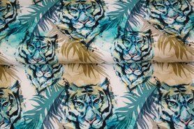 Stenzo stoffen - Tricot stof - digitaal tijgers varens - blauw - 21915-09