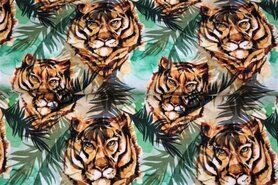 Tijgerprint stoffen - Tricot stof - digitaal tijgers varens - turquoise - 21915-10