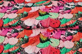 Rekbare stoffen - Tricot stof - digitaal vlinders - rood multi - 21958-11