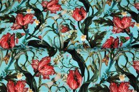 Uitverkoop - Tricot stof - digitaal bloemen - turquoise - 21919-09