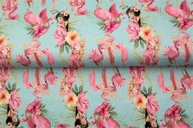 Flamingo stoffen - Tricot stof - digitaal fantasie meisjes en flamingos - turquoise - 21273-09