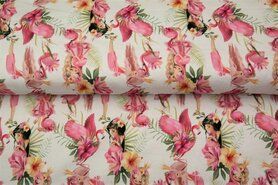 Flamingo stoffen - Tricot stof - digitaal fantasie meisjes en flamingos - wit - 21273-02