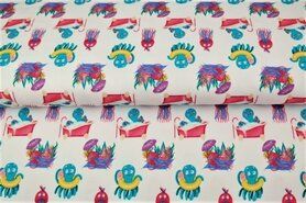 Vissen - Tricot stof - digitaal fantasieprint octopus kwal - wit multi - 21275-02
