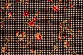 Geruite stoffen - Polyester stof - bubble chiffon ruit bloemen - zwart - 14941-999