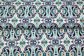 95% katoen, 5% elastan stoffen - Tricot stof - fantasieprint - blauw - 21636-09
