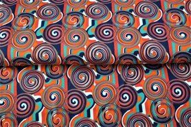 95% katoen, 5% elastan stoffen - Tricot stof - fantasieprint - oranje blauw - 21622-11