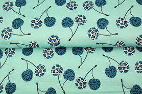 Turquoise stoffen - Tricot stof - kersen panterprint - turquoise - 21600-09