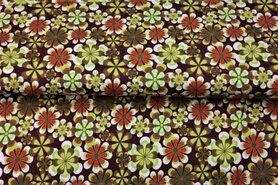 Bruine stoffen - Tricot stof - bloemen - bruin groen - 21624-10
