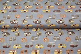 Stenzo stoffen uitverkoop - Tricot stof - caravans - grijsgroen - 21648-09
