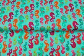 Vissen - Tricot stof - zeepaardjes - turquoise - 21631-99