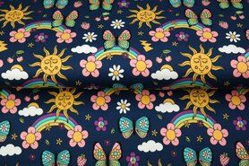 Blumenmotiv - Jersey Stoff - Schmetterling Regenbogen - dunkelblau - 21655-15