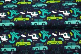 Stenzo stoffen uitverkoop - Tricot stof - vliegtuig helicopter auto - donkerblauw - 21660-15