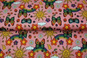 Vlinder motief - Tricot stof - vlinder regenboog - roze - 21655-12