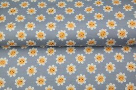 95% katoen, 5% elastan stoffen - Tricot stof - bloemen - lichtblauw - 21606-09