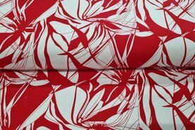 Katoenen stoffen - Katoen stof - katoen satijn - bladeren - wit met rood - 19118-015