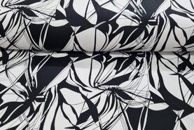 Bladeren motief - Katoen stof - katoen satijn - bladeren - wit met zwart - 19118-069