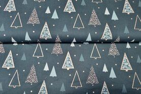 Aankleedkussen stoffen - Kerst katoen stof - kerstbomen - petrol - 18718-024
