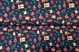 Kerststoffen - Kerst katoen stof - cadeautjes/kerstballen - donkerblauw - 18732-008