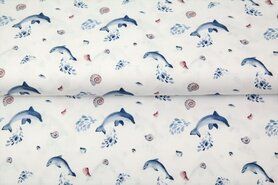 katoenen stoffen met print - katoen stof - poplin dolfijn - wit - 21126-02