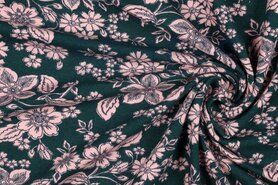 By Poppy - Tricot stof - bloemen - smaragdgroen - 21/6701-013