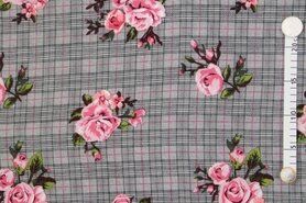 Viscose stoffen - Viscose stof - prince de galle - bloemen geruit - grijs/roze - 362010-72
