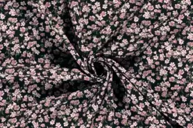 Viscose stoffen - Viscose stof - bloemen - zwart/lichtroze - 20163-069